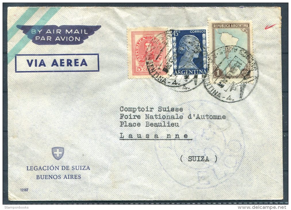 1955 Argentina Legacion De Suiza Buenos Aires Airmail Cover - Comptoir Suisse, Foire Nationale D'Automne, Lausanne - Covers & Documents