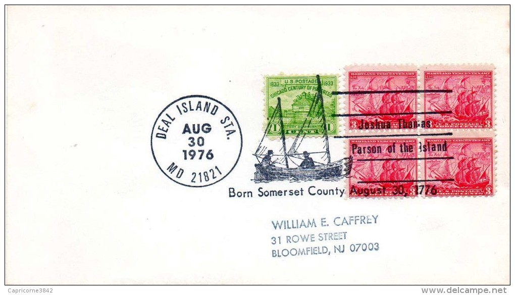 Etats Unis 1976 -Joshua Thomas Parson Of The Island. Born Somerset County 1776 - Oblit: Petit Bateau De Pêche à Voile - Event Covers