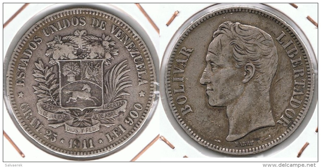 VENEZUELA 5 BOLIVAR 1911 PLATA SILVER F1 - Venezuela