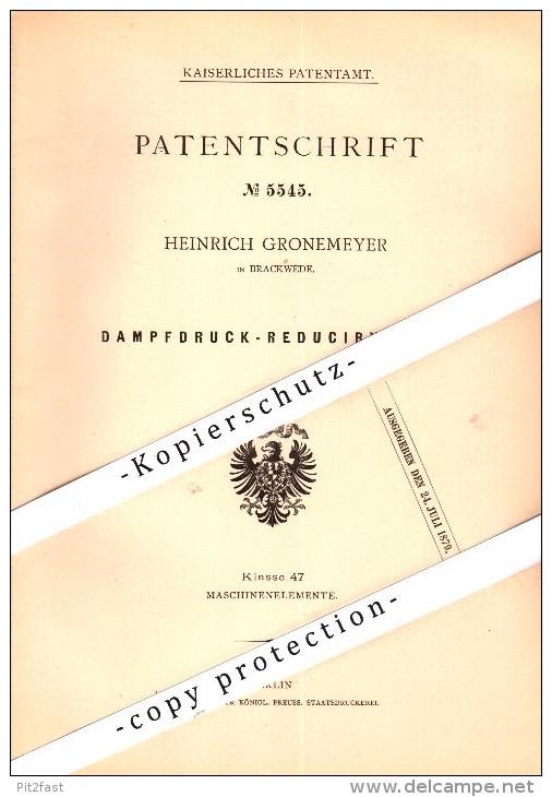 Original Patent - Heinrich Gronemeyer In Brackwede B. Bielefeld , 1878 , Dampfdruck-Reducirventil , Maschinenbau !!! - Bielefeld