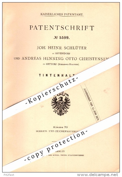 Original Patent - J.H. Schlüter In Revensdorf Und A. Christensen In Gettorf , 1878 , Federhalter , Tintenhalter !!! - Penne