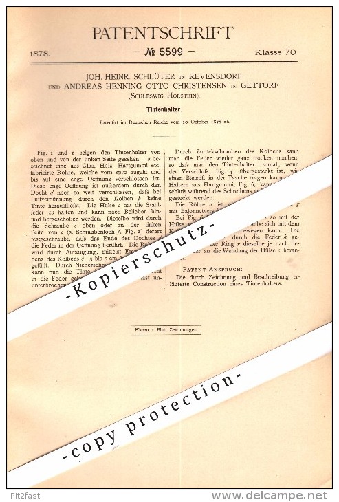 Original Patent - J.H. Schlüter In Revensdorf Und A. Christensen In Gettorf , 1878 , Federhalter , Tintenhalter !!! - Penne