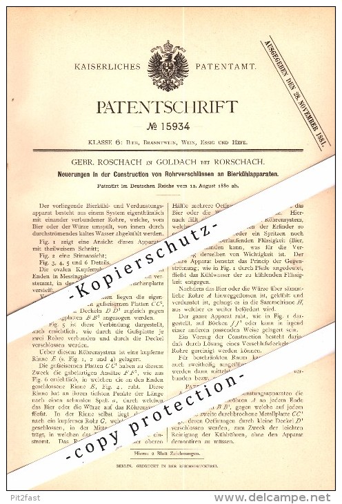 Original Patent - Gebr. Roschach In Goldach B. Rorschach , 1880 , Bier-Kühlapparat , SG !!! - Goldach