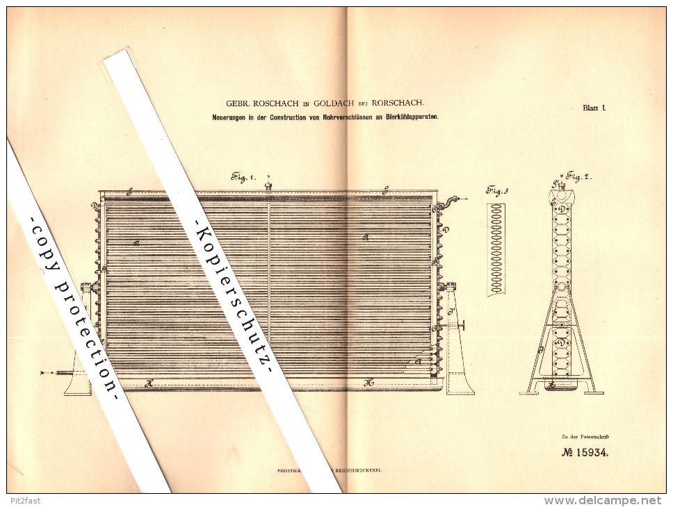 Original Patent - Gebr. Roschach In Goldach B. Rorschach , 1880 , Bier-Kühlapparat , SG !!! - Goldach