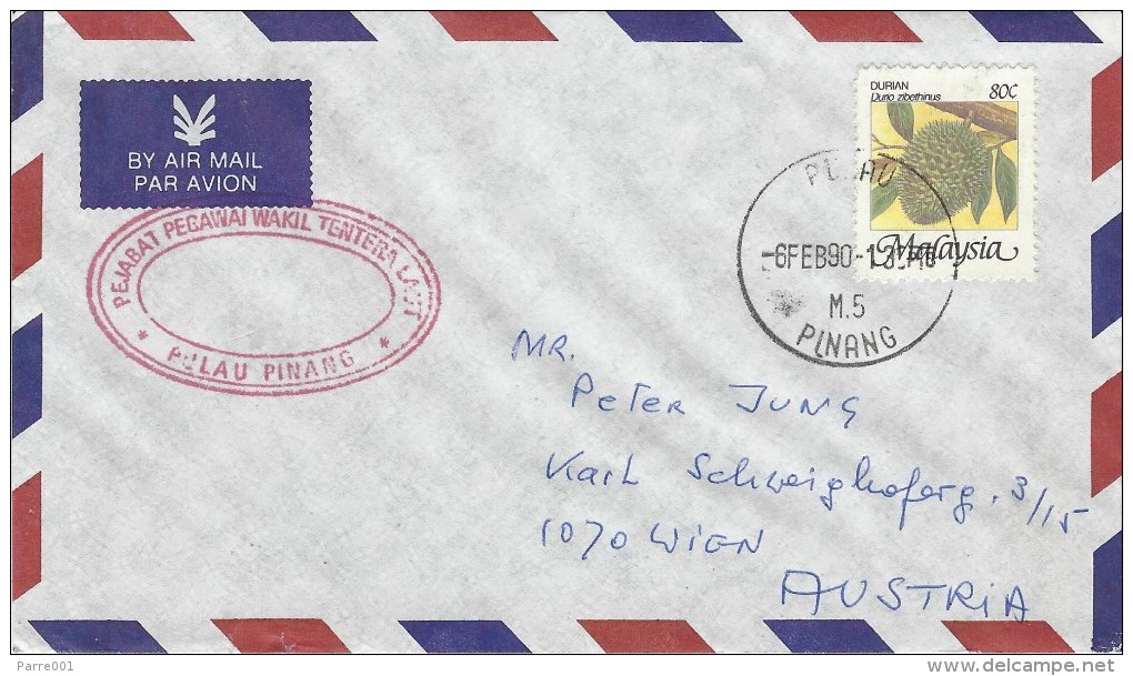 Malaysia 1990 Pulau Pinang Navy Officer Representatice Office Handstamp Naval Cover - Maleisië (1964-...)