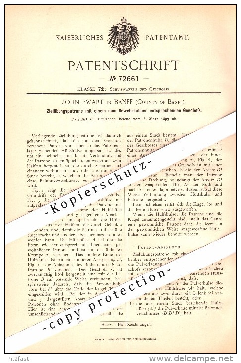 Original Patent - John Ewart In Banff , County Of Banff , 1893 , Target Practice Cartridge For Rifle , Scotland !!! - Banffshire