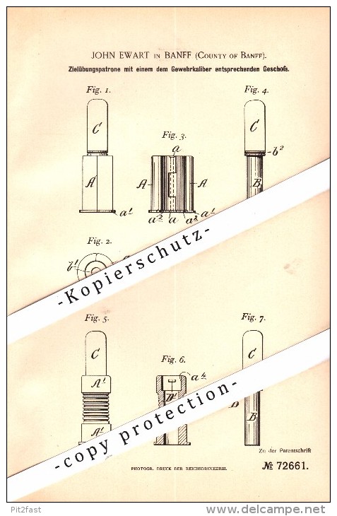 Original Patent - John Ewart In Banff , County Of Banff , 1893 , Target Practice Cartridge For Rifle , Scotland !!! - Banffshire