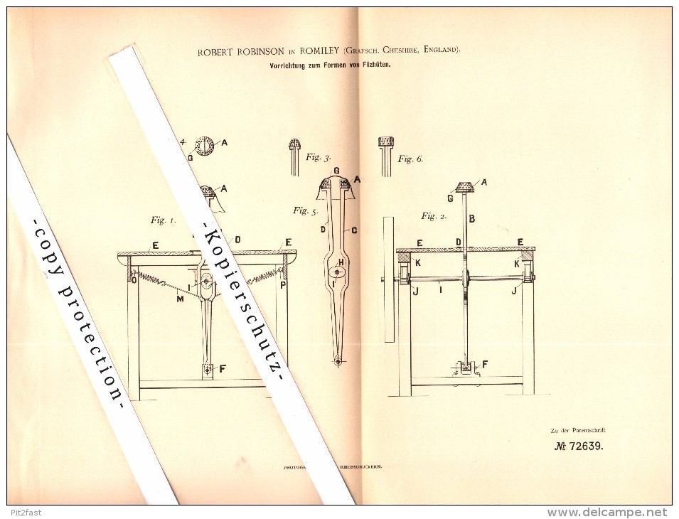 Original Patent - Robert Robinson In Romiley , Cheshire , 1893 , Apparatus For Shaping Of Felt Hats , Stockport !!! - Autres & Non Classés