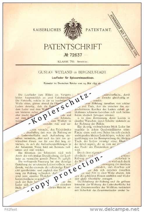 Original Patent - Gustav Weyland In Bergneustadt , 1893 , Laufleder Für Spinnereimaschinen , Spinnerei !!! - Bergneustadt