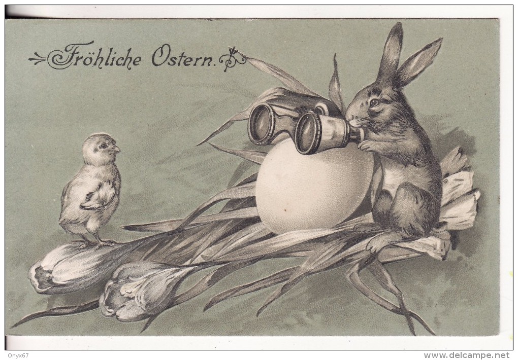 Carte Postale Fantaisie GAUFFREE Avec LAPIN-OEUF-PAQUES-POUSSIN-OISEAU-JUMELLE FLEUR-Fröhliche Ostern - VOIR 2 SCANS - - Pâques