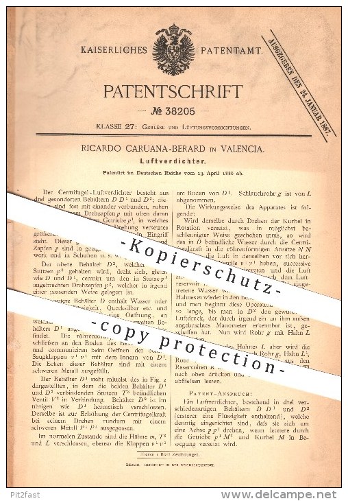 Original Patent - Ricardo Caruana-Berard In Valencia , 1886 , Luftverdichter , Gebläse , Lüftung , Luft , Verdichter !!! - Historische Dokumente