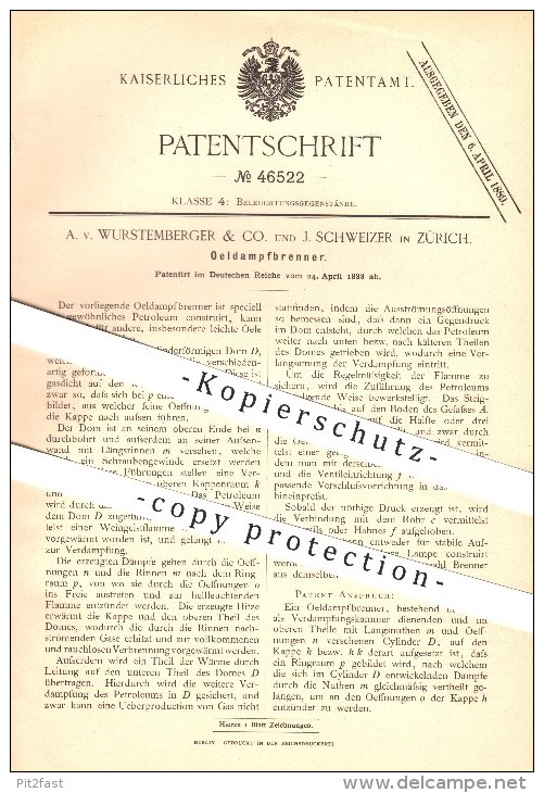 Original Patent - A. Von Wurstemberger & Co., J. Schweizer , Zürich , 1888, Öldampfbrenner , Brenner , Licht , Petroleum - Documents Historiques