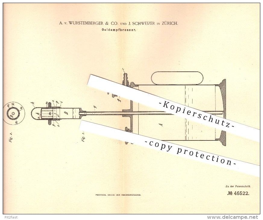 Original Patent - A. Von Wurstemberger & Co., J. Schweizer , Zürich , 1888, Öldampfbrenner , Brenner , Licht , Petroleum - Documents Historiques