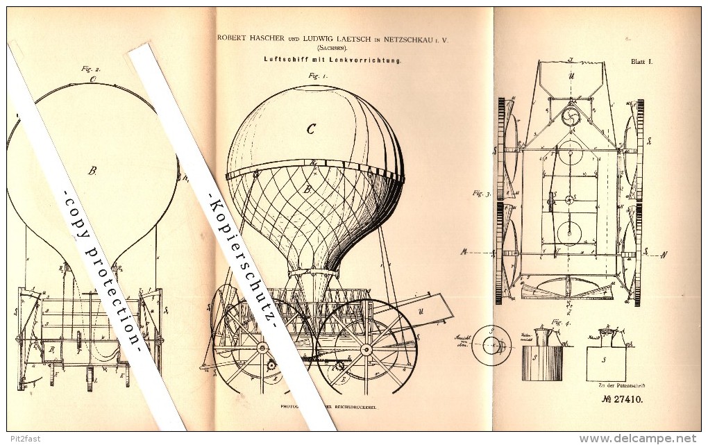 Original Patent - R. Hascher Und L. Laetsch In Netzschkau I.V. , 1883 , Luftschiff Mit Lenkung , Ballon , Flugapparat !! - Fliegerei