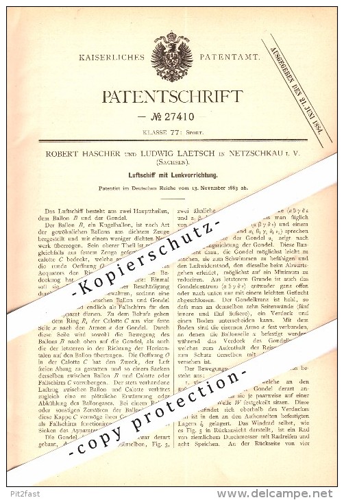 Original Patent - R. Hascher Und L. Laetsch In Netzschkau I.V. , 1883 , Luftschiff Mit Lenkung , Ballon , Flugapparat !! - Fliegerei