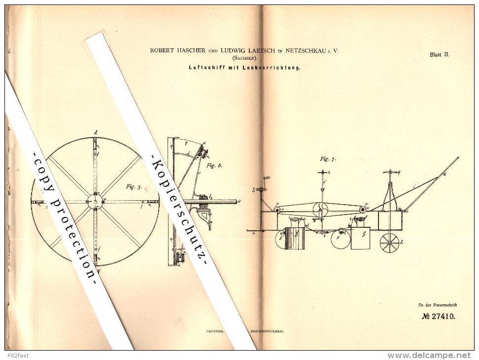 Original Patent - R. Hascher Und L. Laetsch In Netzschkau I.V. , 1883 , Luftschiff Mit Lenkung , Ballon , Flugapparat !! - Luchtvaart