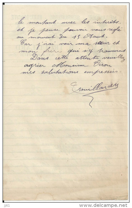 LONGNY AU PERCHE LETTRE ENTETE ETS TROUILLARD MECANIQUE SERRURERIE ELECTRICITE ANNEE 1933 - Autres & Non Classés