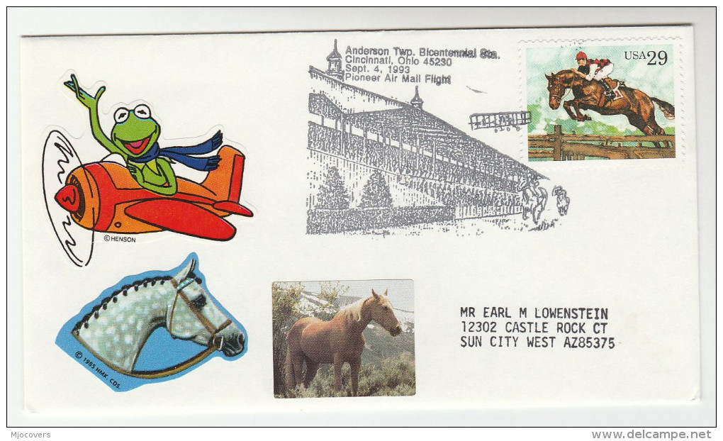 1993 USA  Anderson CIncinnati HORSE RACE  EVENT COVER Horses Stamps Sport Racing Kermit Frog Label - Hípica