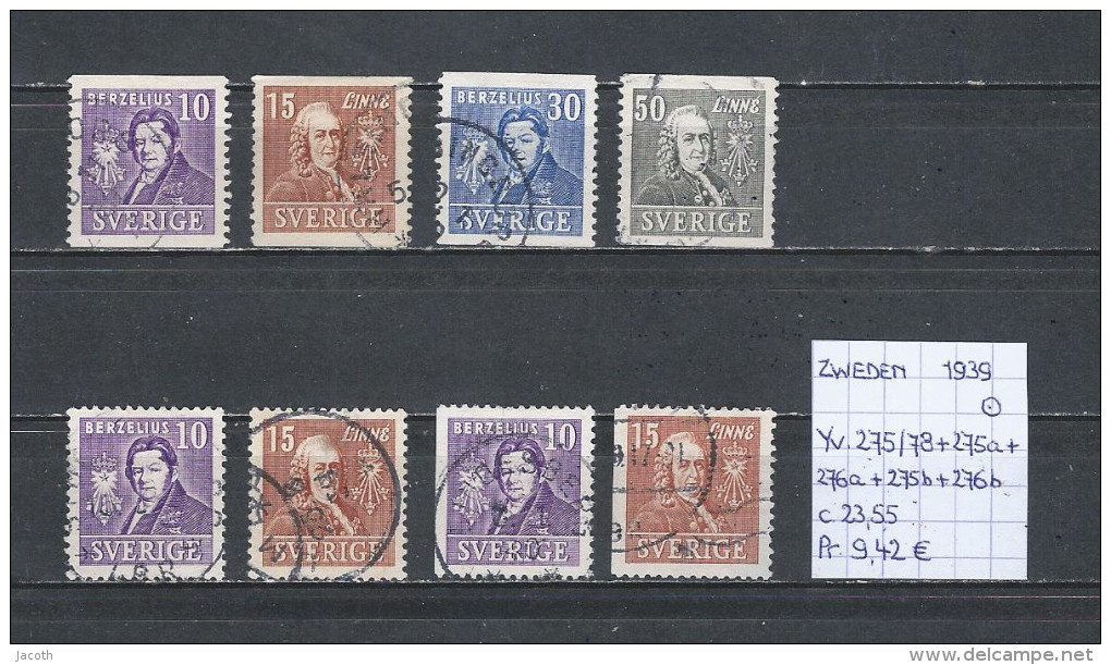 Zweden 1939 - Yv. 275/78+275a+276a+275b+276b - Michel 272/75+272B+273B+272Dl+273Dl Gest./obl./used - Gebruikt