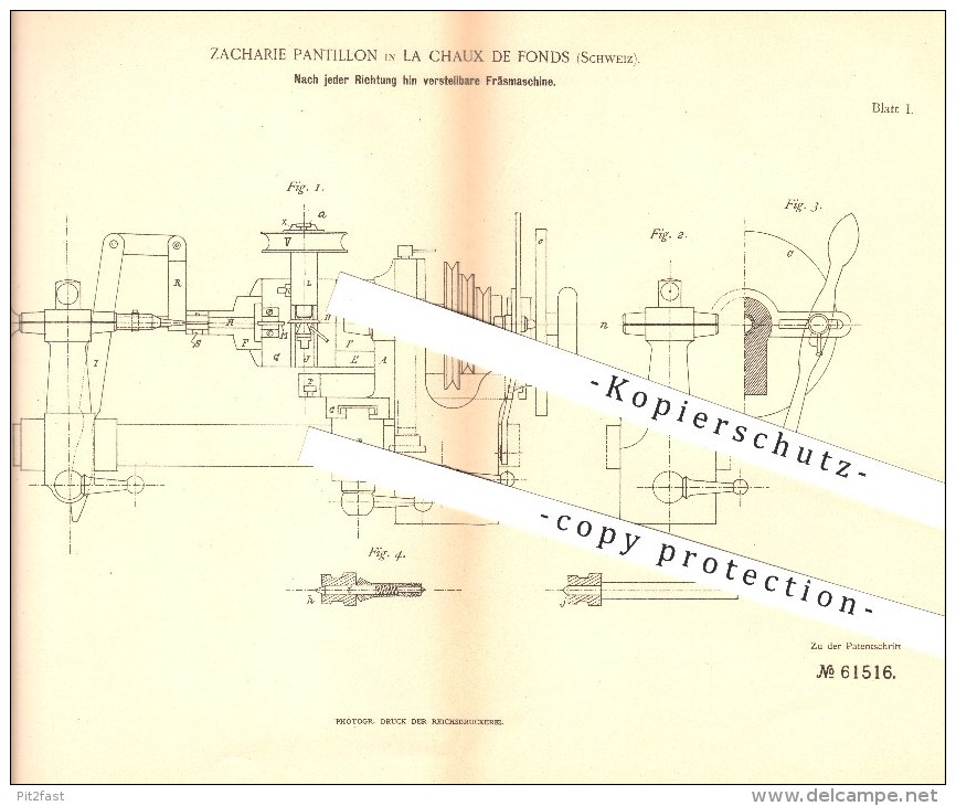 Original Patent - Zacharie Pantillon In La Chaux De Fonds , Schweiz , 1891 , Verstellbare Fräsmaschine , Fräsen , Metall - Historische Documenten