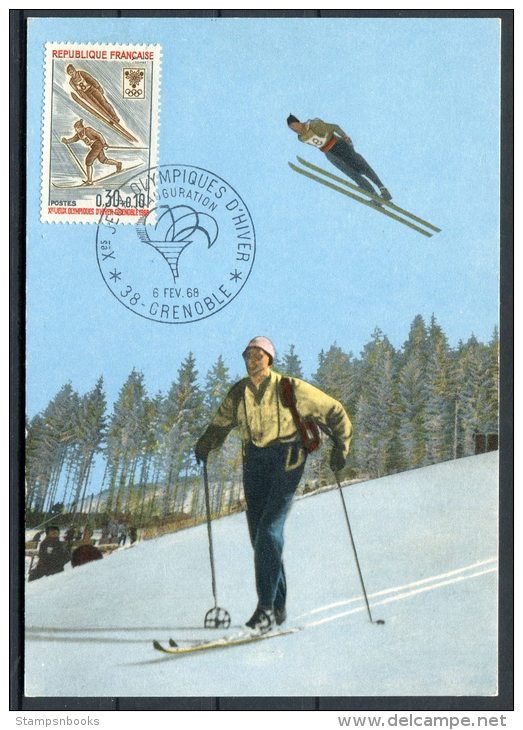 1968 France Grenoble Winter Olympics Maxi Cards (5) Skating, Ski-Jump, Ice Hockey, Flame, Alpine, Nordic Skiing - Winter 1968: Grenoble