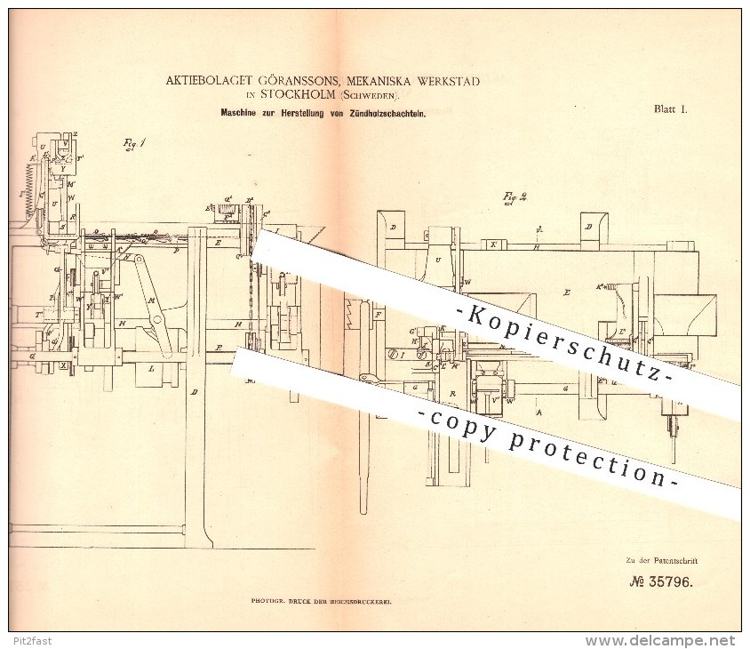 Original Patent - Aktiebolaget Göranssons , Mekaniska Werkstad In Stockholm , Schweden , 1885 , Zündholzschachtel , Holz - Zündholzschachteln