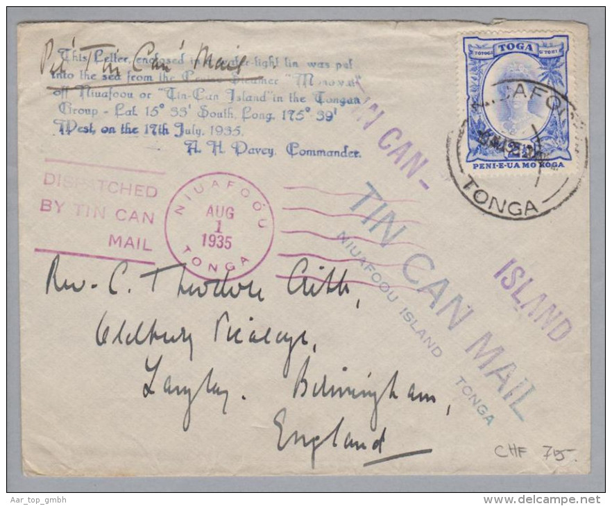 Ozeanien Tonga Niuafoou 1935 Blechdosenpost Nach England - Tonga (...-1970)