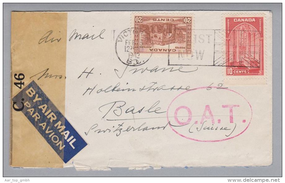 Kanada Canada 1942-02-05 O.A.T. Zensur-Luftpostbrief Nach Basel - Lettres & Documents