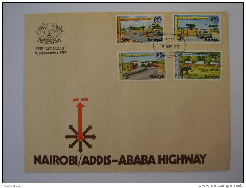 KENYA 1977 Nairobi-Addis Ababa Highway  ILLUSTRATED OFFICIAL  FDC With FULL SET (4 Values). - Kenya (1963-...)