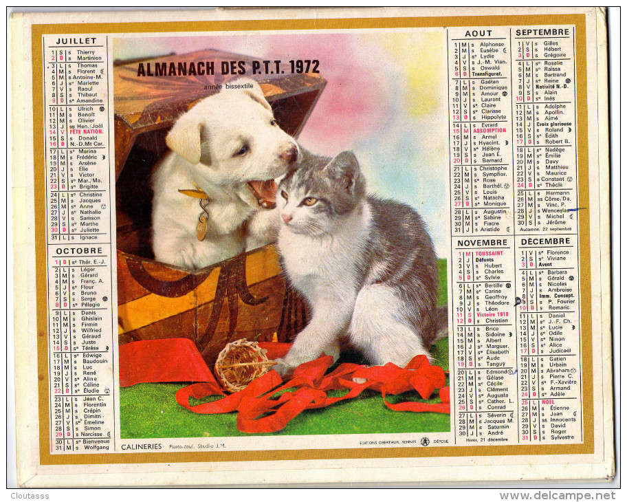 ALMANACH P TT 1972)   GERS-ANNEE BISSEXTILE - CHIEN ET CHAT: CALINERIES ,ENTENTE-PHOTOS STUDIO J M  OBERTHUR - Calendriers