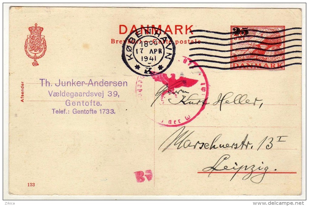 Denmark Stamped Stationery ( Precancel ) 17 Apr. 1941.Censored. Cobenhavn Via Leipzig - Storia Postale