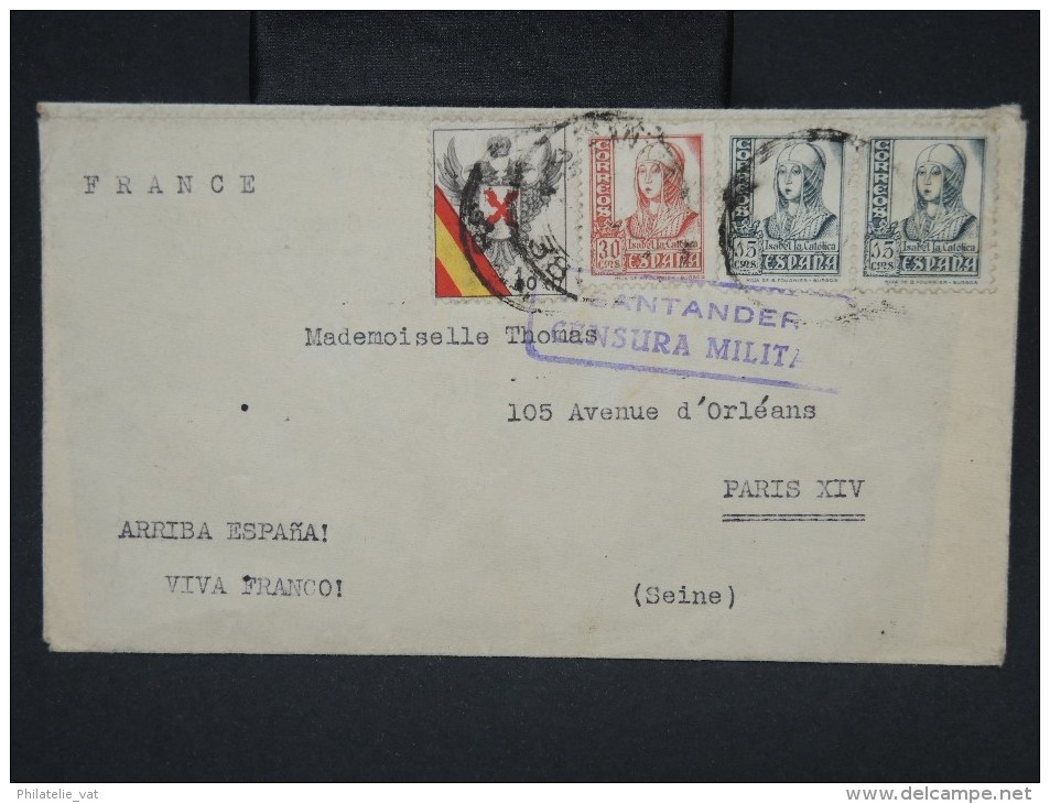 ESPAGNE - Enveloppe De Santander Pour Paris Avec Censure En 1938 - à Voir - Lot P7546 - Nationalists Censor Marks