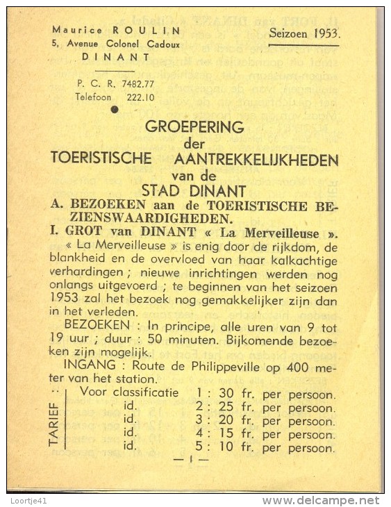 Brochure Toerisme Tourisme Stad Dinant - Tarif Prijslijst 1953 - Dépliants Touristiques