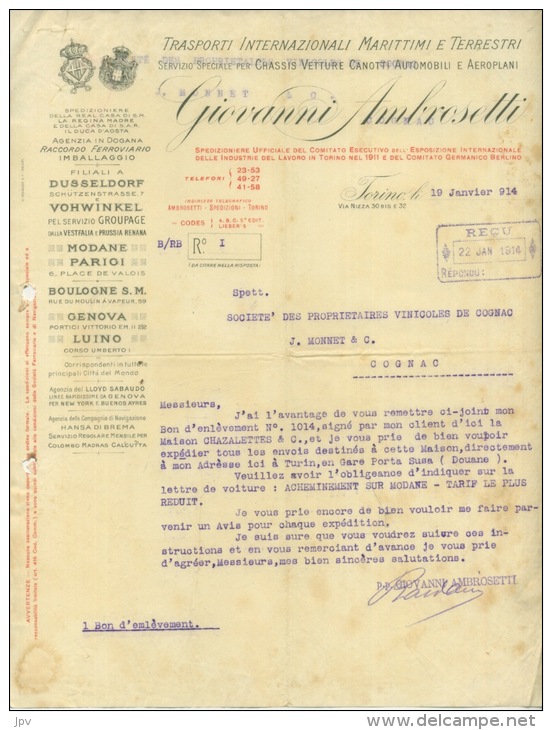 FACTURE LETTRE : TORINO . GIOVVANNI AMBROSETTI . TRANSPORT INTERNATIONAL MARITIME ET TERRESTRE . 1914 . - Italie