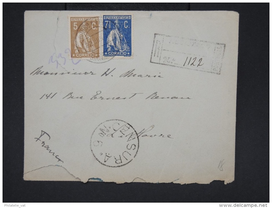 PORTUGAL - Enveloppe En Recommandée Pour Le Havre En 1918 Avec Censure - Aff Bicolore - à Voir - Lot P7566 - Lettres & Documents