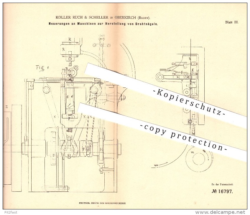 Original Patent - Koller Ruch & Scheller In Oberkirch , 1881 , Herstellung Von Drahtnägeln , Nägel , Nagel , Metall !!! - Oberkirch