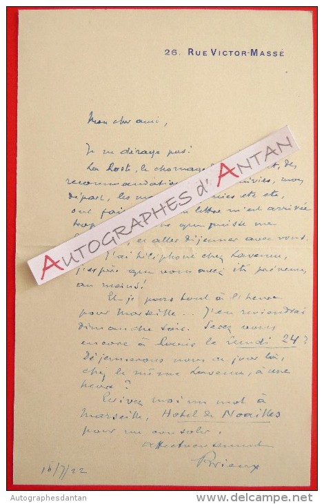 L.A.S 1922 Eugène BRIEUX Académicien Hôtel De Noailles Marseille - Lavenu Nice Cannes Voyageur Lettre Autographe LAS - Writers