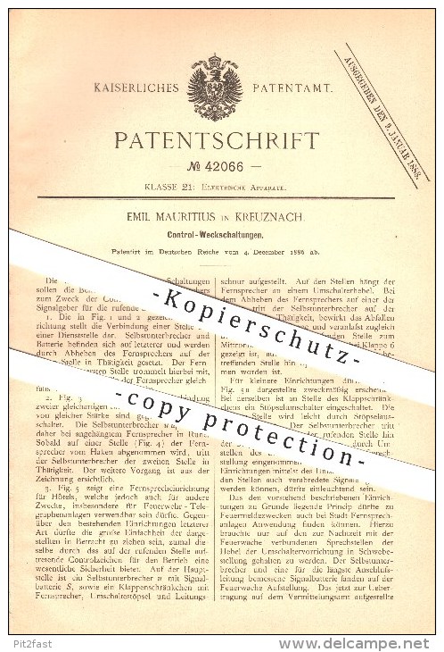 Original Patent - Emil Mauritius In Kreuznach , 1886 , Kontroll - Weckschaltungen , Signal , Fernsprecher , Telefon !!! - Historische Dokumente