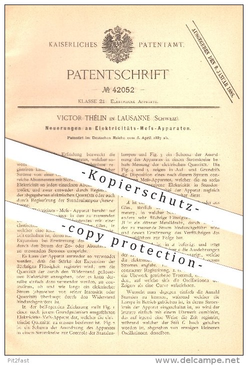 Original Patent - Victor Thélin In Lausanne , Schweiz , 1887 , Messung Der Elektrizität , Strom , Wechselstrom !!! - Documentos Históricos