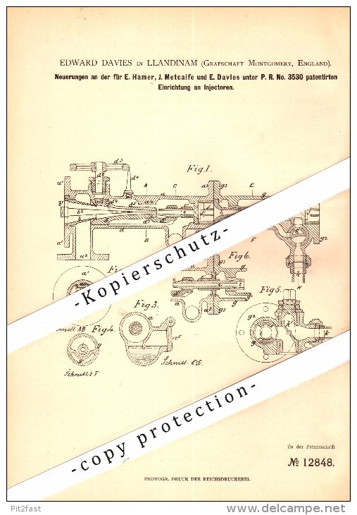 Original Patent - Edward Davies In Llandinam / Powys , Montgomery , 1880 , Injectors For Pumps , Llanidloes , Newtown !! - Montgomeryshire