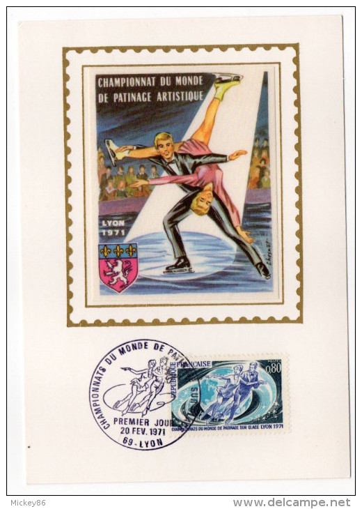 1971--Carte Maximum-Soie-LYON (blason)-Championnat Du Monde Patinage Artistique---signée Chesnot-cachet  LYON--69 - 1970-1979