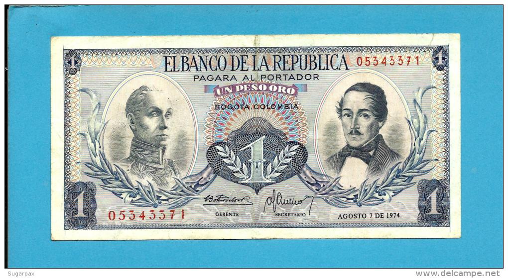 COLOMBIA - 1 Peso Oro - 07.08.1974  - Pick 404.e - Simon Bolivar - 2 Scans - Colombia