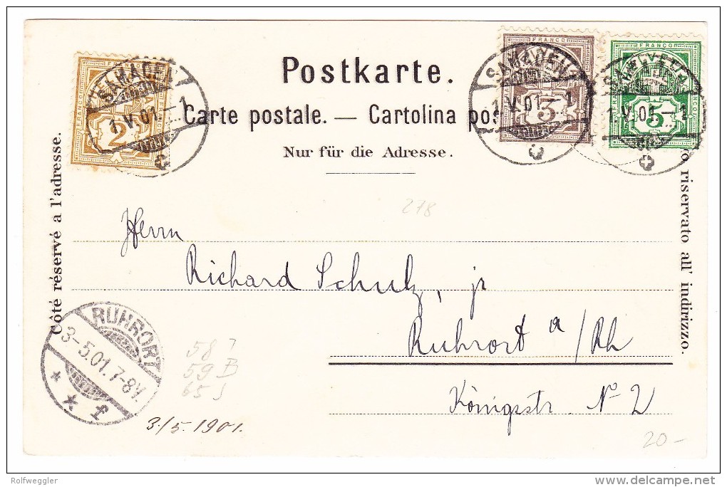 Schweiz Heimat Graubünden SAMADEN 1.5.1901 AK Nach D Motiv Karte + Kleine Postkutsche (beim Gruss) - Lettres & Documents
