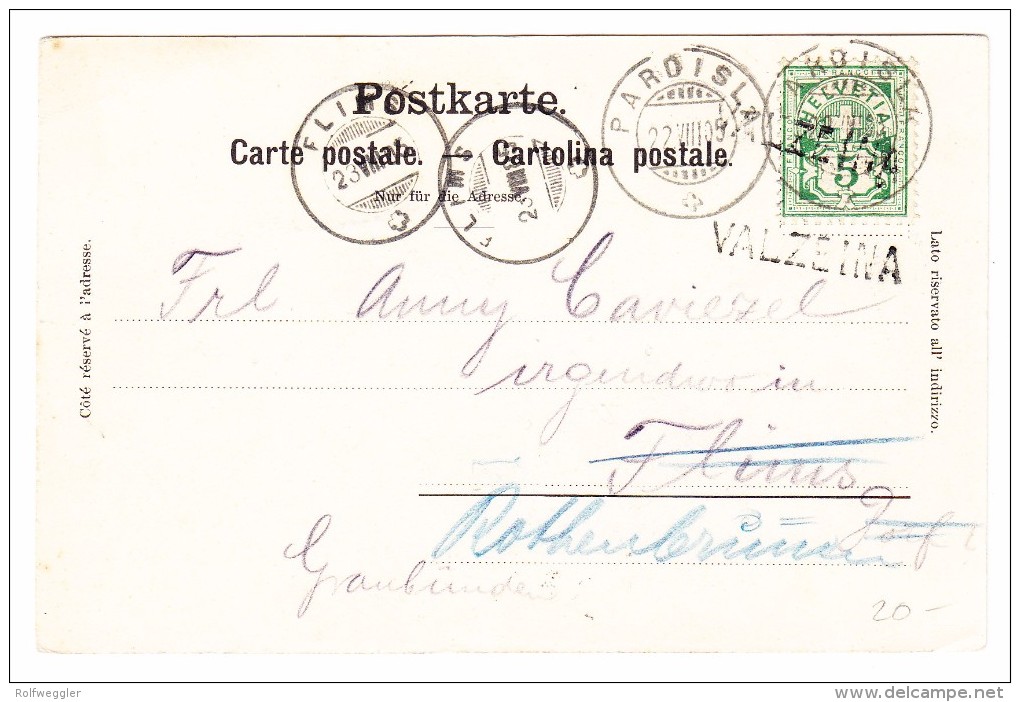 Schweiz Heimat Graubünden Balkenstempel VALZEINA AK 22.8.1905 Paradisla Nach Flims Weitergeleitet Nach Rothenbrünen - Lettres & Documents