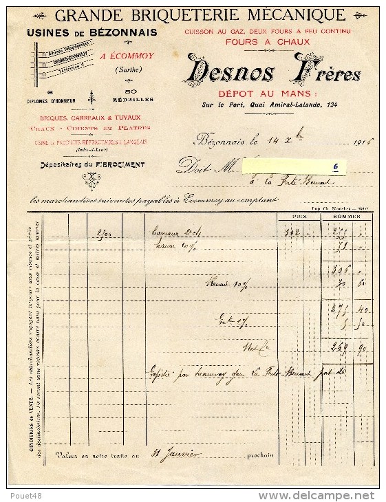 Facture - BEZONNAIS à ECOMMOY - Grande Briqueterie Mécanique - 1900 – 1949