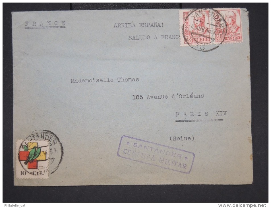 ESPAGNE- Enveloppe De Santander Pour Paris En 1938 Avec Censure Militaire - à Voir - Lot P7607 - Marcas De Censura Nacional