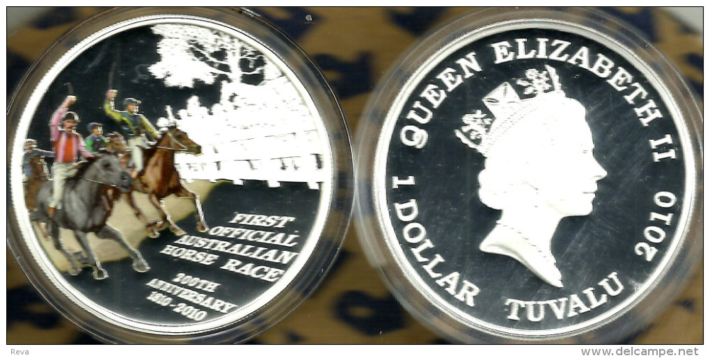 TUVALU $1 1ST HORSE RACE 200 YEARS COLOURED FRONT QEII BACK 2010 SILVER PROOF READ DESCRIPTION CAREFULLY !!! - Tuvalu