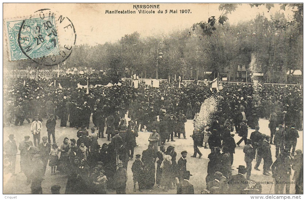 Cpa 11 Narbonne, Manifestation Viticole Du 5 Mai 1907, Carte Pas Courante Affranchie Juin 1907 - Narbonne