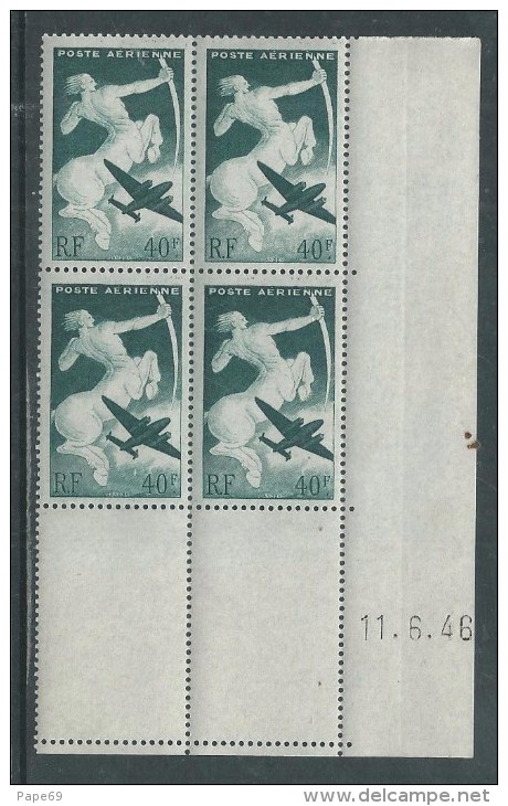 France P. A. N° 16 XX Sagittaire En Bloc De 4 Coin Daté Du 11 . 6 . 46,  Sans Charnière, TB - Poste Aérienne