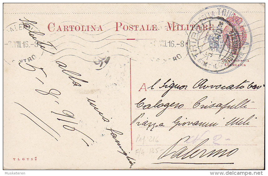 Tripolitania Postal Stationery Ganzsache Enteri Postale Militare TRIPOLI 1916 To PALERMO (2 Scans) - Tripolitania